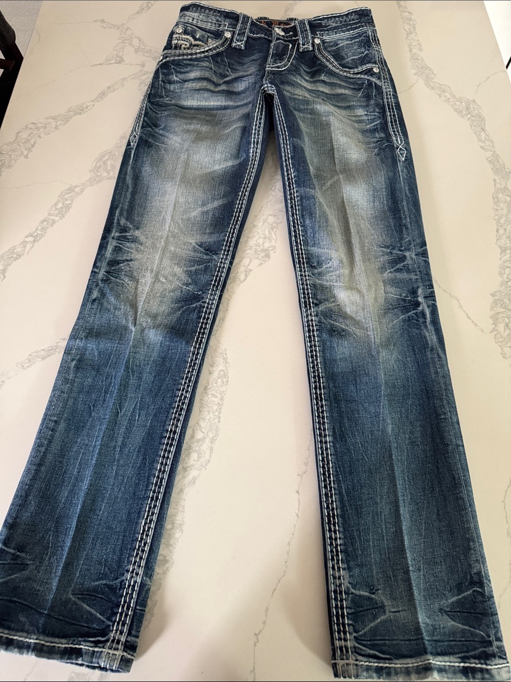 Rock Revival Men's Blue Bootcut Jeans with Contrast Stitching